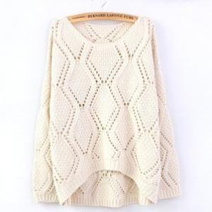 Beige Large Rhombic Hollow Sweet Sweater