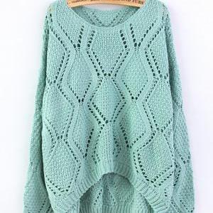 Green Large Rhombic Hollow Sweet Sweater