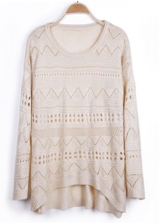 Beige Curved Hum Knit Holey Texture Sweater