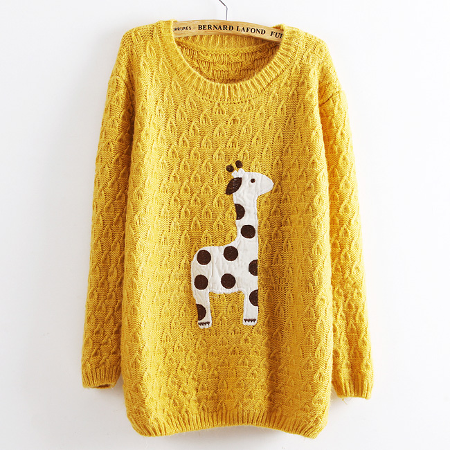 Yellow Super Adorable Cartoon Giraffe Loose Pullover Sweater