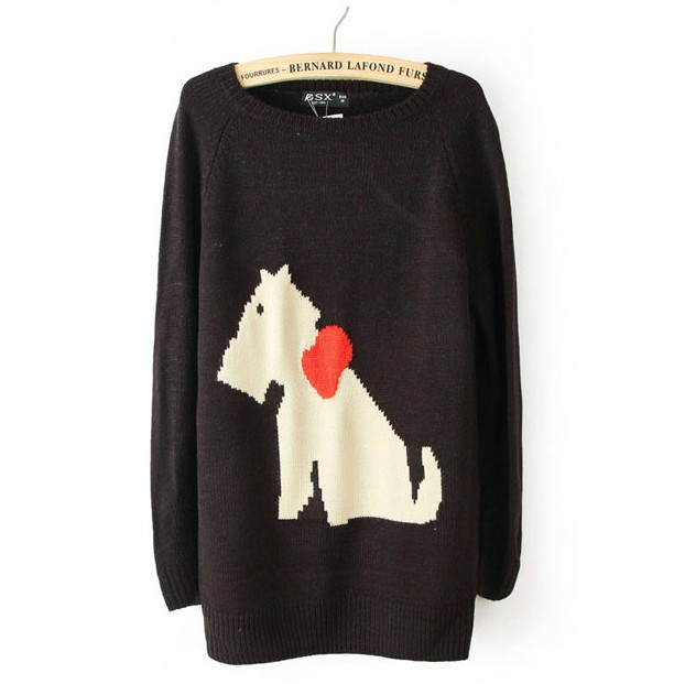 Puppy Patterned Jacquard Long Sleeve Sweater