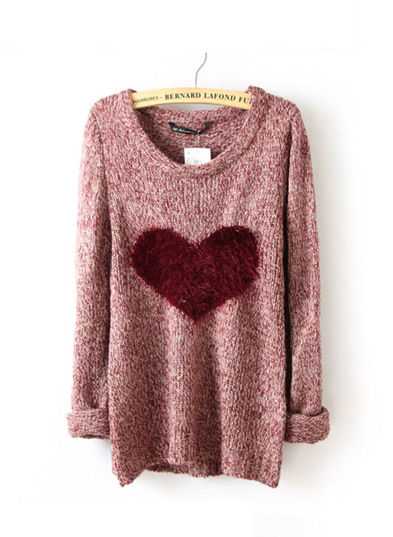 Wine Red Love Heart Long Sleeve Sweater