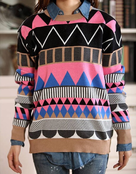 Ancient Folk Style Colorful Pop Rhombic Geometry Loose Sweater on Luulla