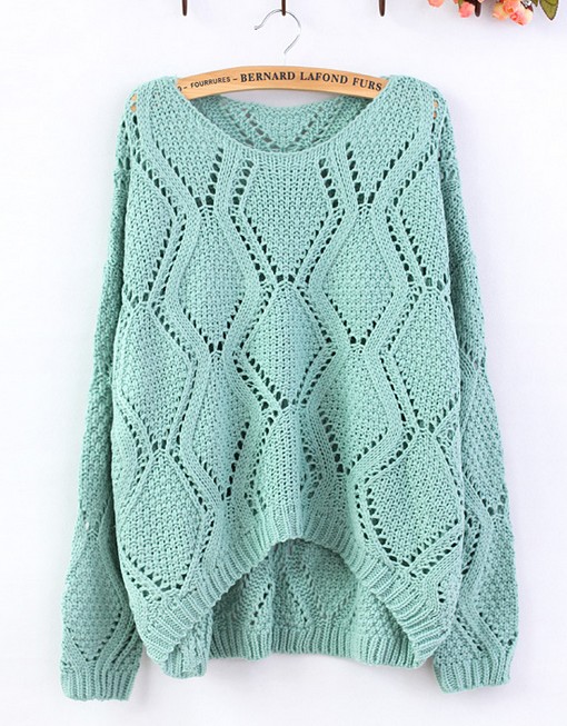 Green Large Rhombic Hollow Sweet Sweater