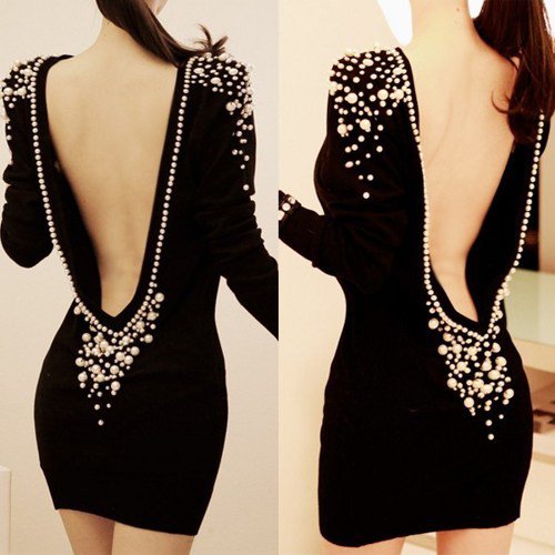 Sexy Backless Plastic Pearl Beaded Dress