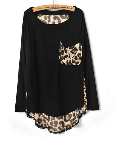 Black Leopard Print Chiffon Loose Long-sleeved T-shirt