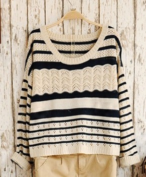 Deep Blue Loose Hollow Striped Sweater on Luulla